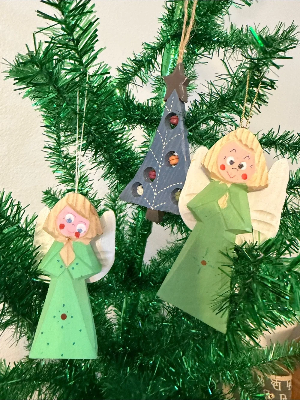 Angels & Bell Tree Christmas Bauble Ornaments Wood Set Of 3 Multicolor Hanging